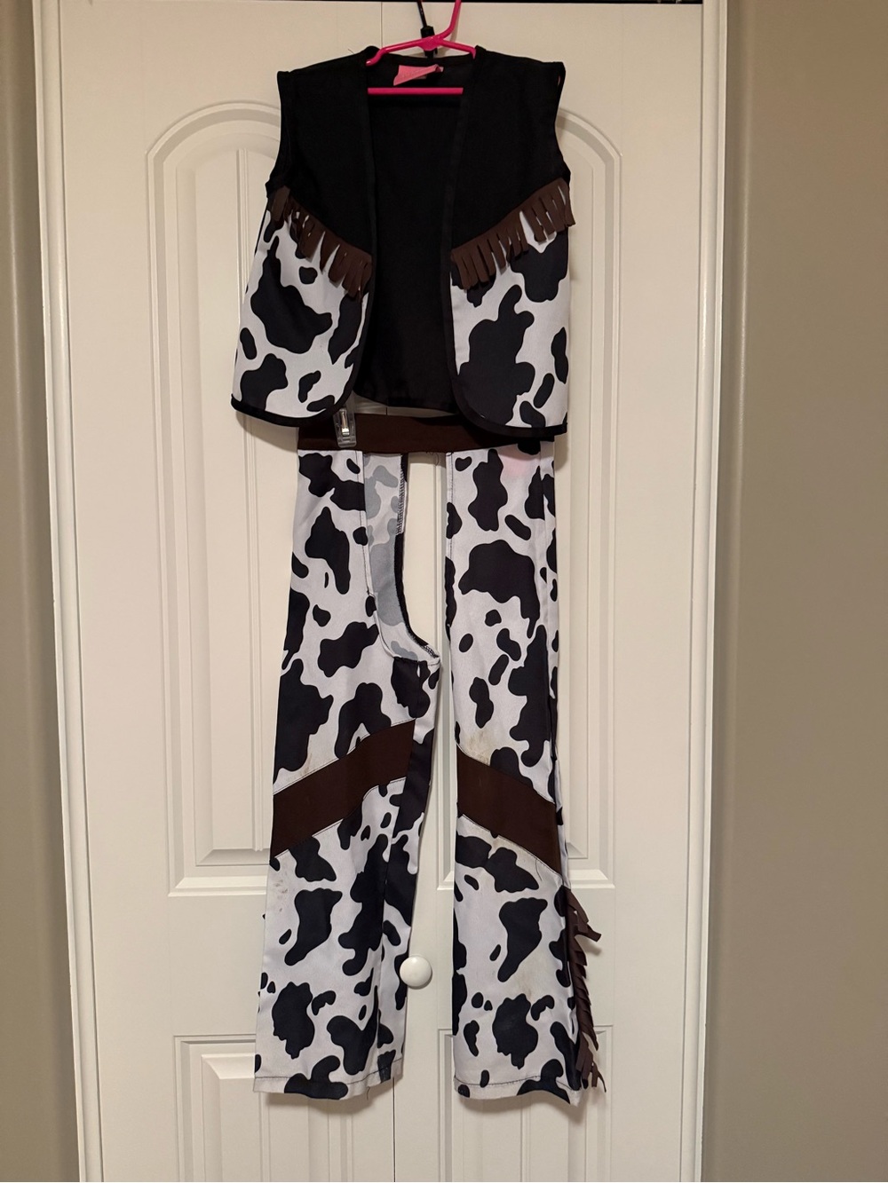 Youth Cow Print Western Chaps Pants & Vest Set - Black, Brown, & White Size 6-8